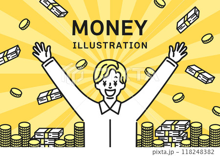 沢山のお金と目が￥になっている男性のイラスト 118248382