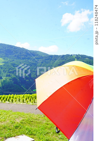 よく晴れた夏の高原でカラフルな日傘をさしている女の子の後ろ姿。 よく晴れた夏の高原でカラフルな日傘をさしている女の子の後ろ姿。 118248474