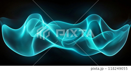 A captivating array of turquoise particles gracefully clusters into a luminous wave, radiating ethereal energy against a deep black background, creating a stunning visual experience. A captivating array of turquoise particles gracefully clusters into a luminous wave, radiating ethereal energy against a deep black background, creating a stunning visual experience. 118249055