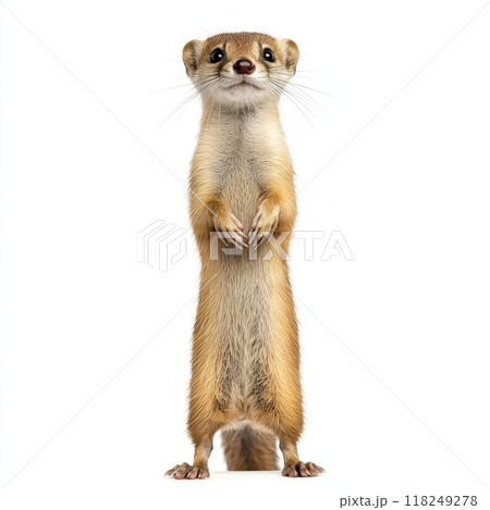 stoat stands upright, displaying its sleek form and attentive expression. Its short legs support its curious stance, adding a touch of charm. 118249278