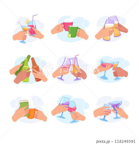Glass with Drink in Hands Clinking Together Vector Set 118249391