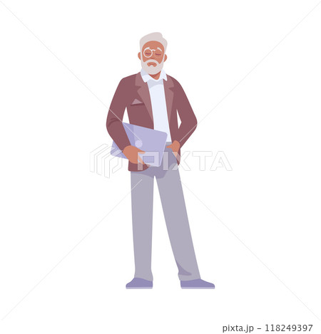 Senior Man Entrepreneur Character Standing with Laptop Vector Illustration 118249397
