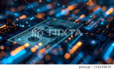 A banknote is placed on a circuit board surrounded by glowing lights, symbolizing the intersection of traditional currency and digital finance in todays tech driven world 118249670