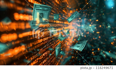A lively exchange illustrating various currency notes intertwined with streams of digital data, depicting the concept of modern financial transactions in an engaging manner 118249671