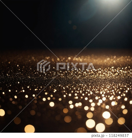 Golden bokeh lights scattered against soft dark background, mesmerizing visual effect at night. Golden bokeh lights shimmer and dance on dark surface, warmth and evening tranquility. Generative AI 118249837