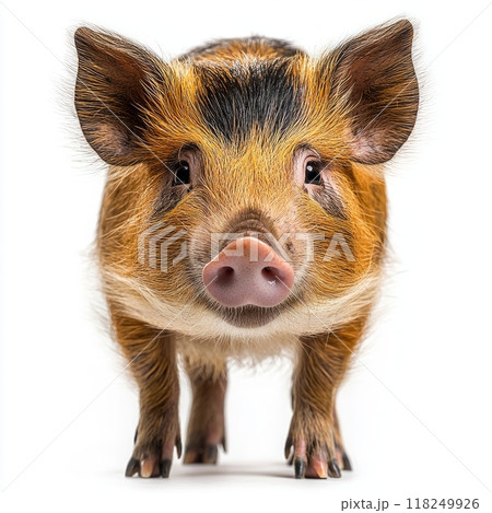 charming red river hog stands firm, highlighting its distinct facial markings and long snout. The animal's vibrant fur and curious expression draw attention against the plain white background. 118249926