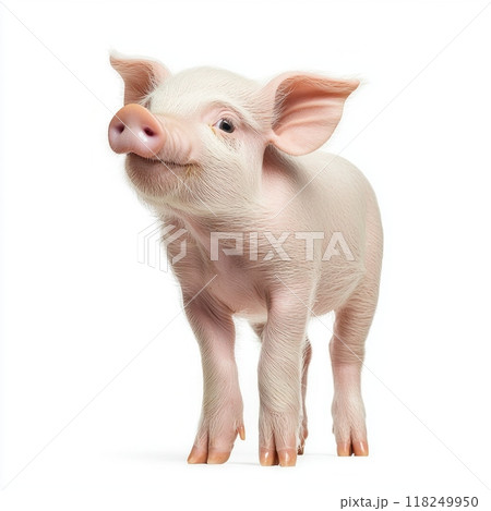 adorable piglet, with its soft pink skin and floppy ears, stands confidently on short legs, exuding innocence and charm, captivating all who behold it. adorable piglet, with its soft pink skin and floppy ears, stands confidently on short legs, exuding innocence and charm, captivating all who behold it. 118249950