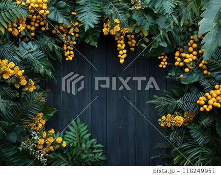 Festive sukkot background with lush green leaves and yellow flowers for holiday decor design Festive sukkot background with lush green leaves and yellow flowers for holiday decor design 118249951