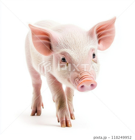 adorable piglet stands proudly on its short legs, showcasing its gentle pink skin and floppy ears, embodying the innocence of farm life in a bright setting. adorable piglet stands proudly on its short legs, showcasing its gentle pink skin and floppy ears, embodying the innocence of farm life in a bright setting. 118249952