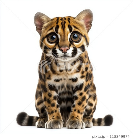 margay sits gracefully, its large, expressive eyes gazing intently. The intricate pattern of its spotted coat adds to its enchanting presence, showcasing natural beauty in simplicity. 118249974