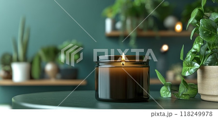 Cozy candle in jar on modern contrast background for home decor and relaxation Cozy candle in jar on modern contrast background for home decor and relaxation 118249978