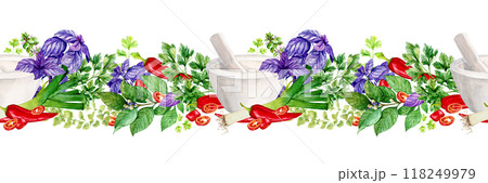 Seamless pattern with kitchen herbs and mortar. Rosemary, thyme, chili, basil, mint, bay leaf, cilantro, parsley, paprika. Watercolor illustration. Spices of India, composition on white background. Seamless pattern with kitchen herbs and mortar. Rosemary, thyme, chili, basil, mint, bay leaf, cilantro, parsley, paprika. Watercolor illustration. Spices of India, composition on white background. 118249979