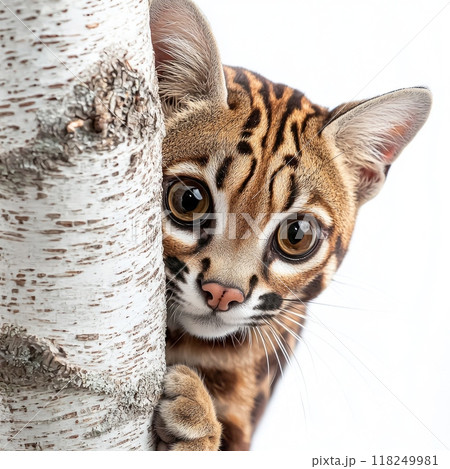 curious margay cat ascends a tree, its large, expressive eyes and beautifully patterned coat coming to life against a clean, white backdrop. 118249981