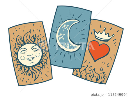 Set of Tarot cards for fortune telling. Gypsy tool for predicting the future. Esoterics, Wicca, witchcraft, magic, divination. Vector illustration in flat style. Set of Tarot cards for fortune telling. Gypsy tool for predicting the future. Esoterics, Wicca, witchcraft, magic, divination. Vector illustration in flat style. 118249994