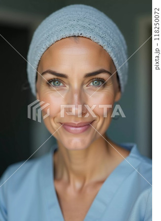 A woman wearing a headscarf smiles confidently while dressed in a hospital gown, signaling hope and strength after undergoing breast cancer treatment. Generative AI 118250072
