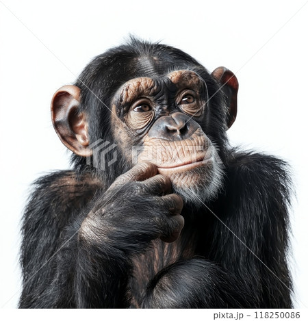 curious chimpanzee rests its chin on its hand,のイラスト素材