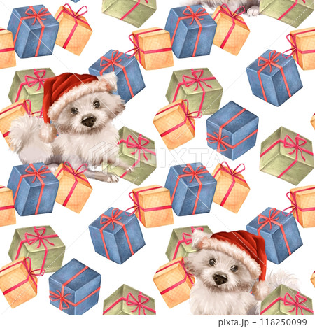Christmas seamless pattern with dogs in Santa hat and gift boxes. Winter holiday background. 118250099