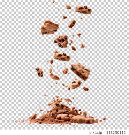 Cookie crumbs falling and gathering in a pile, isolated on a transparent background. Concept of baking, texture, and crumbling. 118250112