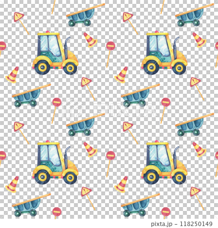 Yellow green tractor, blue wheelbarrows, striped road cones, and red traffic signs. Seamless pattern, watercolor clipart, cartoon style. Perfect for wrapping paper, childrens fabrics, and room decor 118250149