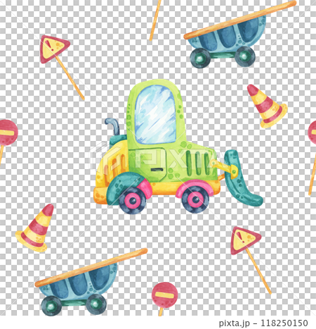 Green forklift, blue wheelbarrows, striped road cones, and red traffic signs. Seamless pattern, watercolor clipart, cartoon style. Ideal for party supplies, baby textiles, and nursery wallpaper Green forklift, blue wheelbarrows, striped road cones, and red traffic signs. Seamless pattern, watercolor clipart, cartoon style. Ideal for party supplies, baby textiles, and nursery wallpaper 118250150