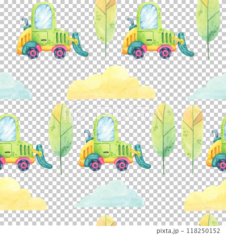 Green truck with tall trees on background with yellow and blue clouds. Seamless pattern watercolor clipart. Illustration for use in childrens bedding, scrapbook paper, or storybook cover Green truck with tall trees on background with yellow and blue clouds. Seamless pattern watercolor clipart. Illustration for use in childrens bedding, scrapbook paper, or storybook cover 118250152
