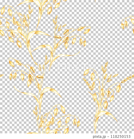 Oats stalks seamless pattern. Golden oats bouquets. Avena sativa watercolor clipart. Illustration for textile design, rustic-themed packaging, eco-friendly branding, and nature-inspired wallpapers Oats stalks seamless pattern. Golden oats bouquets. Avena sativa watercolor clipart. Illustration for textile design, rustic-themed packaging, eco-friendly branding, and nature-inspired wallpapers 118250153