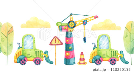 Tower crane, excavator, no entry signs, trees and clouds in watercolor. Construction site seamless border clipart in cartoon style. Cute forklift car illustration for children's rooms, clothing 118250155