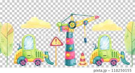 Tower crane, excavator, no entry signs, trees and clouds in watercolor. Construction site seamless border clipart in cartoon style. Cute forklift car illustration for children's rooms, clothing Tower crane, excavator, no entry signs, trees and clouds in watercolor. Construction site seamless border clipart in cartoon style. Cute forklift car illustration for children's rooms, clothing 118250155