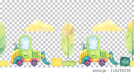 Excavator, building blocks, trees and clouds in watercolor. Construction site seamless border clipart in cartoon style. Cute forklift car illustration for children's rooms, clothing or textile 118250156