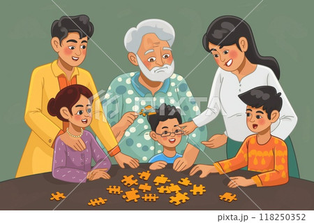 Illustration of a joyful Indian family engaging together in a puzzle-solving activity at home 118250352