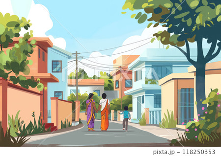 Colorful illustration of an Indian family on a leisure stroll through a suburban neighborhood, depicting cultural diversity 118250353