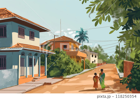 Illustration of an Indian family enjoying a leisurely walk through their tranquil village 118250354