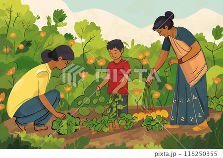 Illustration of an Indian family wearing traditional attire. Working together in a community garden. Engaging in the sustainable living practice of horticulture 118250355