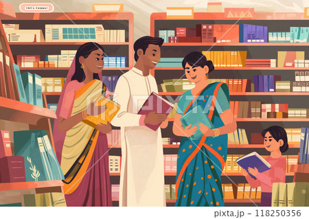 Illustration of a joyful Indian family browsing through books in a colorful bookstore 118250356
