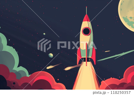 Stylized minimalist of a rocket launching into space with planets and stars 118250357