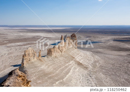 Bozzhira valley pinnacles aerial view, Mangystau region, Kazakhstan. Ak Orpa pinnacles 118250462