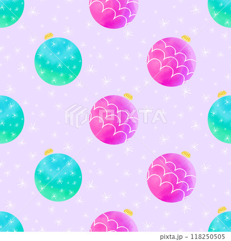 Watercolor vector christmas seamless pattern with blue and pink balls and snowflakes. Pattern in swatches. For fabric, wrapping paper and other decoration. 118250505