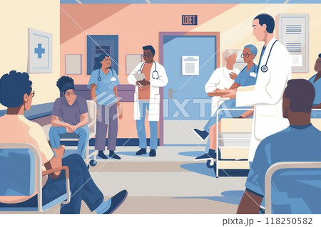 Illustration of a diverse group of healthcare professionals attending to patients in a clinical environment Illustration of a diverse group of healthcare professionals attending to patients in a clinical environment 118250582