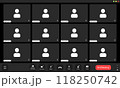 Empty video call interface with participant icons and muted audio controls during an online meeting session. 118250742
