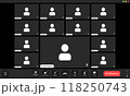 Virtual meeting with participants displayed on a grid layout featuring usernames and a conversation interface 118250743