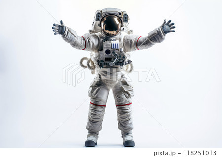 Studio shot of a cosmonaut in a full-length pose, arms outstretched, against a seamless white backdrop Studio shot of a cosmonaut in a full-length pose, arms outstretched, against a seamless white backdrop 118251013