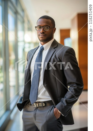 Professional male executive standing in a modern office corridor, exuding confidence Professional male executive standing in a modern office corridor, exuding confidence 118251409