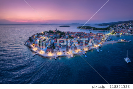 Aeriel view of old town with street lights on island at night 118251528