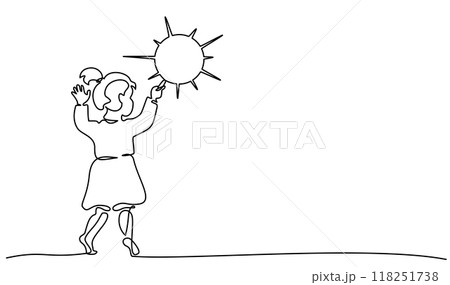Small girl drawing sun on wall. Continuous One line drawing Small girl drawing sun on wall. Continuous One line drawing 118251738