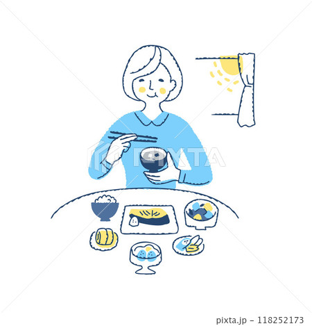 栄養バランスの良い朝食を食べている女性 118252173