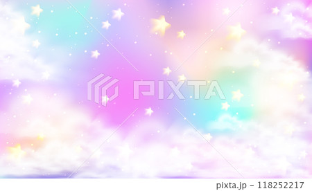 Dreamy unicorn sky background. Magic rainbow landscape with clouds and stars for fantasy princess design. Dream core concept. Stock vector illustration in surreal realistic style. Dreamy unicorn sky background. Magic rainbow landscape with clouds and stars for fantasy princess design. Dream core concept. Stock vector illustration in surreal realistic style. 118252217