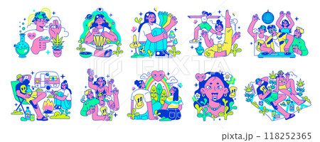 Psychedelic trip party set. Rave camp. Characters drinking alcohol, taking drugs, mushrooms and smoking weed at festival campsite. Flat vector illustration 118252365