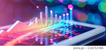Digital tablet showing colorful statistics chart growing up Digital tablet showing colorful statistics chart growing up 118252366