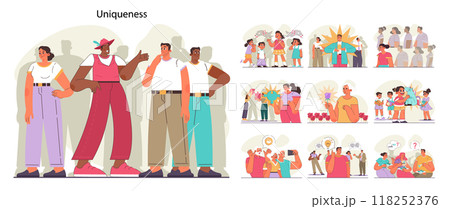 Uniqueness and individuality set. Character standing out from the crowd, choosing another way. Original idea or path, different appearance. Flat vector illustration Uniqueness and individuality set. Character standing out from the crowd, choosing another way. Original idea or path, different appearance. Flat vector illustration 118252376
