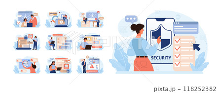 Cyber or web security set. Artificial intelligence provide data protection and database safety of a digital device. Protection of the internet access, cyber attack prevention. Flat vector illustration 118252382